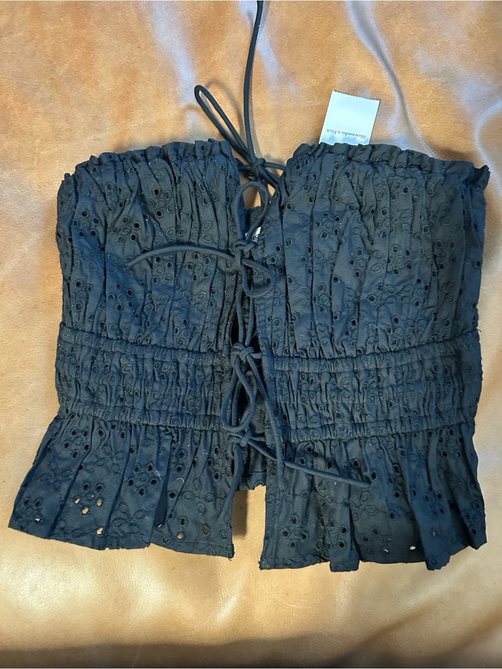 NWT Abercrombie & Fitch Black Eyelet Lace-Up Tie Front Bandeau Crop Top XS